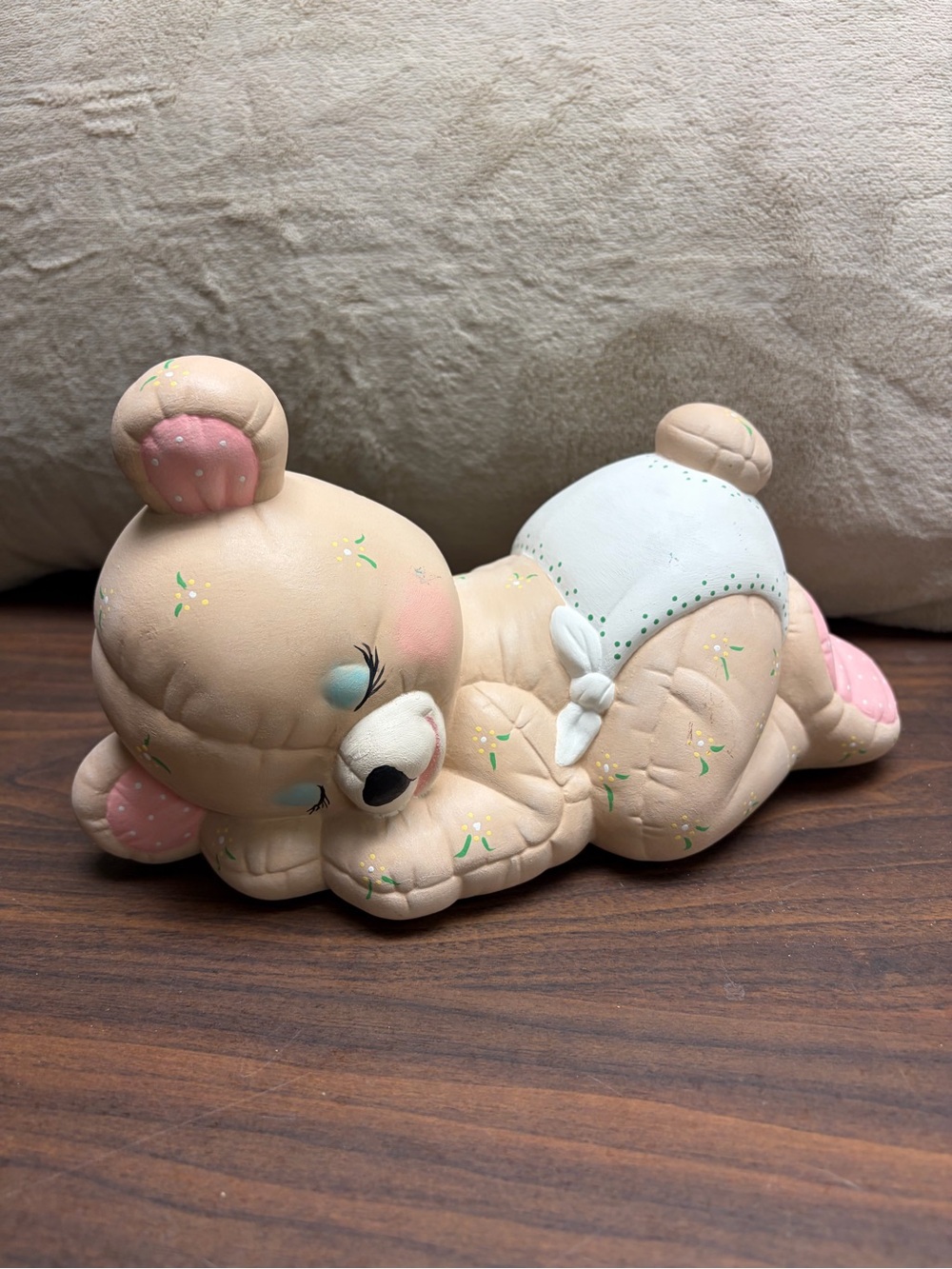 I rage sleeping baby bear piggy bank ceramic diaper quilted floral nursery deco